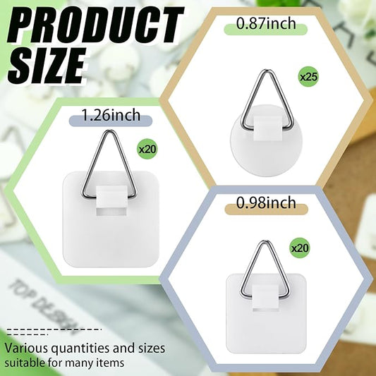 Wenqik 65 Pcs Adhesive Picture Hanger Foamboard Picture Hanging Hooks Without Nails Plastic Sticky Photo Hooks for Home Wall Art Photo Frame Bathroom Closet (Round,Square)
