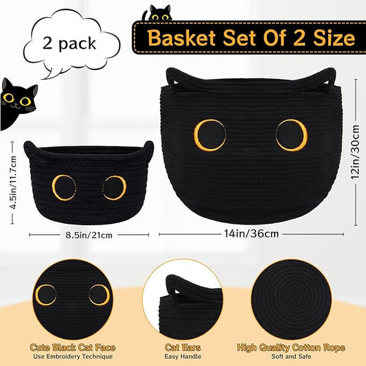 Storage Baskets for Organizing, Black Cat Cotton Rope Baskets Set Woven Blasket for Nursery, Blanket Basket Organizer Toy Basket for Gifts Cat Dog Bin Toys - Pack of 2