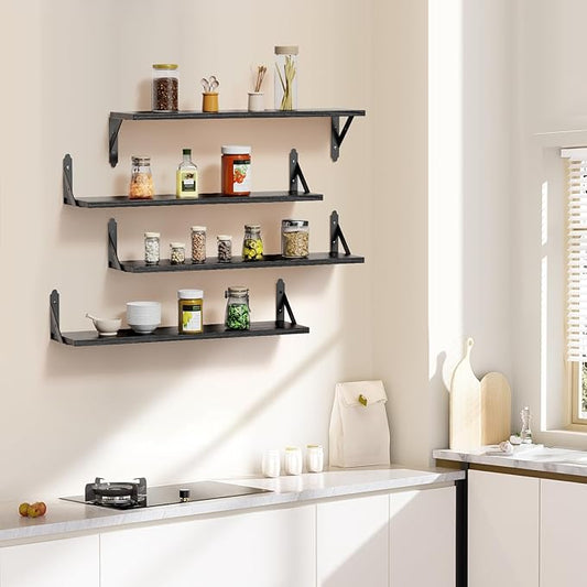 Wood Floating Shelves Set of 4, Rustic Storage Decor Wall Shelves, Wall Mounted Shelf for Living Room, Bedroom 23.6" x 6", Black