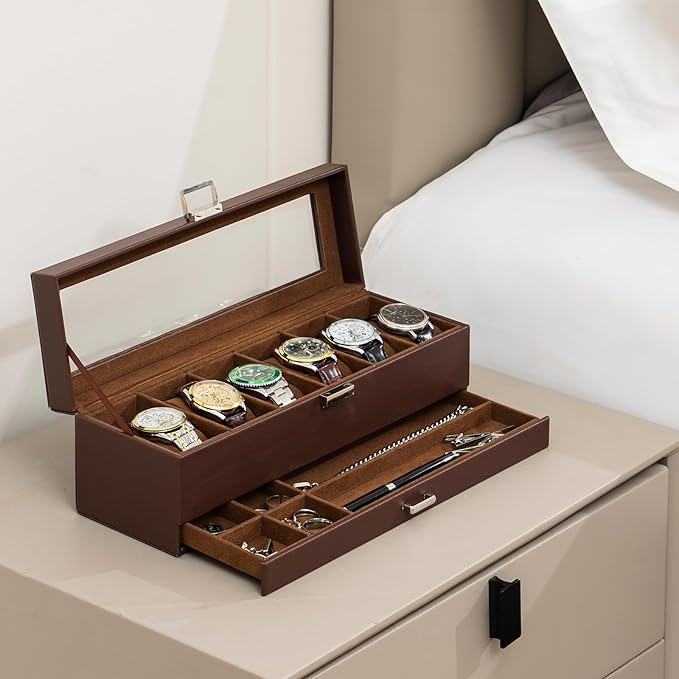 ProCase Watch Box, 6 Slot Watches Display Case with Drawer, Mens Watch Case with Glass Lid, 2-Layer Mens Jewelry Organizer Storage Holder, Birthday Valentine Gifts for Men -6 Slot, Espresso