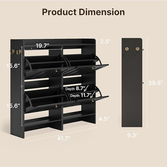 Gizoon Shoe Storage Cabinet with 4 Flip Drawers, Mordern Freestanding Shoe Organizer for Entryway, Narrow Rack Cabinet with Storage for Entrance, Hallway, Black