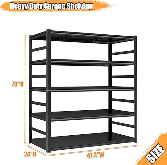 Heavy Duty Metal Garage Shelving Unit, 5 - Tier Adjustable Storage Shelves, 3000LBS for Garage & Basement, Kitchen and Pantry Industrial Steel Rack, Ideal for Tool Organization & Storage, Black,73"H