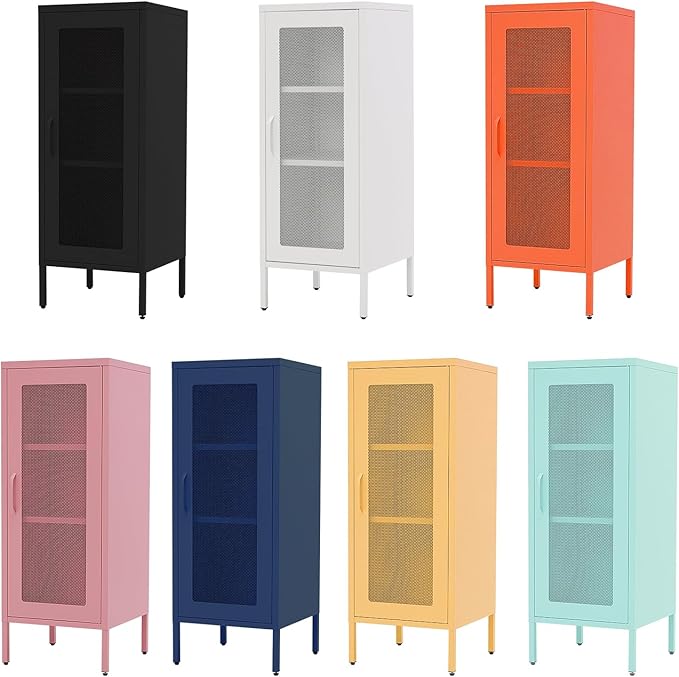 Slim Metal Storage Cabinet with Mesh Doors - 42'' Tall Narrow Organizer Tower, Compact Freestanding Cabinet, Versatile Utility Storage for Home, Office, Bedroom, or Kitchen, Durable and Modern Design