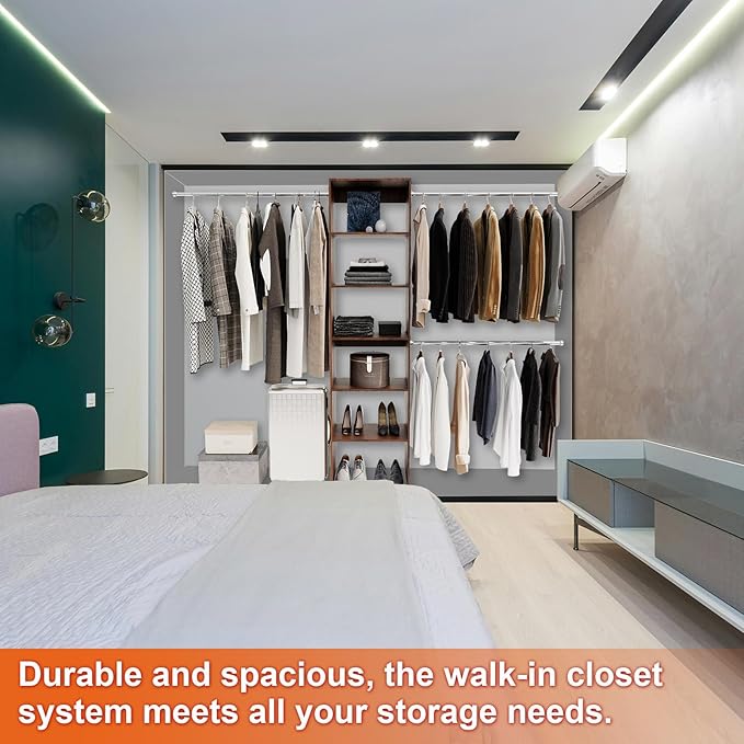 Wall-Mounted Closet Organizer System with Adjustable Shelves and Hanging Rods – Modern Open Wardrobe, Walnut