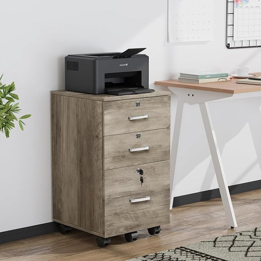 VINGLI 3-Drawer File Cabinet with Lock, Wood Rolling Under Desk File Cabinets for Home Office, Mobile Printer Stand & Filing Organizer for Letter Sized Files, 26" H(Caster Included), Rustic Gray