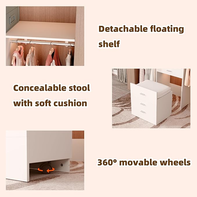 Closet System Set With Concealable Stool, Closet Organizer System With 4 Wood Drawers, Walk-In Closet Storage System, 5 Adjustable Cloth Garment Rack from 3 to 5FT, White