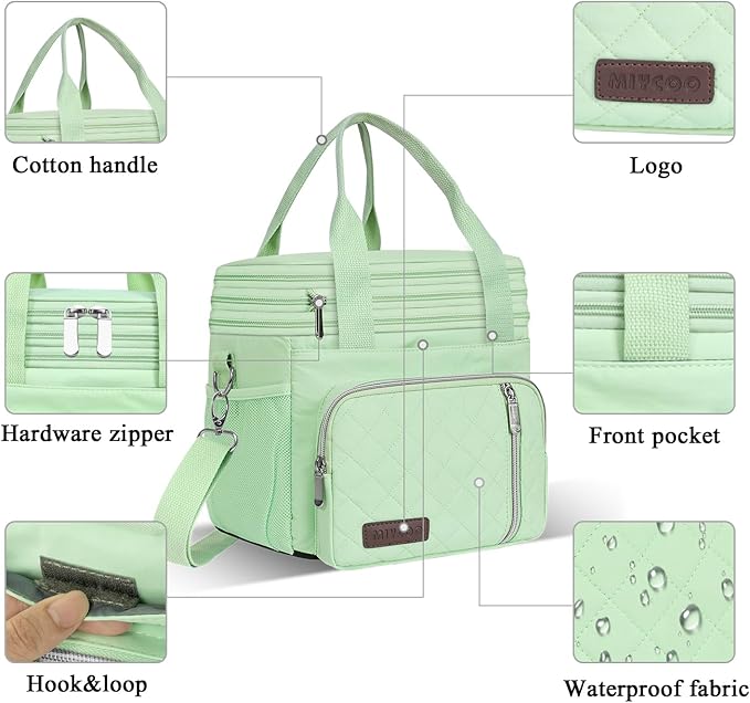 MIYCOO Lunch Bag & Lunch Box for Women Men, Double Deck Leakproof Insulated Soft Large Adult Camping Cooler bag for Work, Beach, Picnic, Travel (Green Quilted, 15L)
