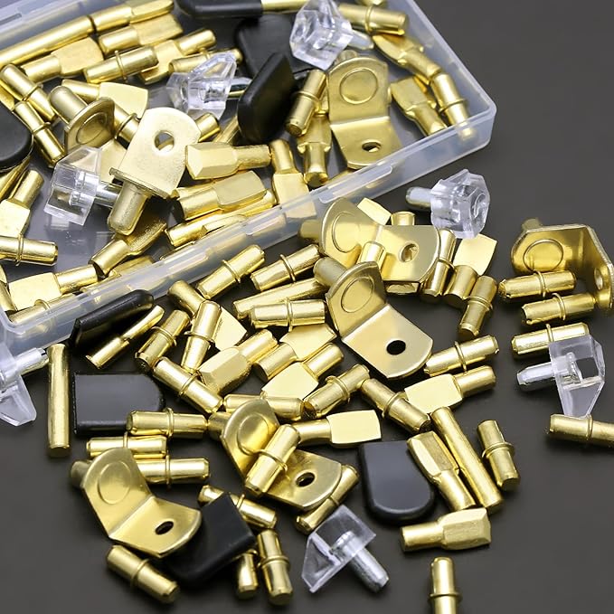 112 Pcs 5 Styles Shelf Nail kit, Metal Nickel Plated Shelf Support pin, Silicone Cover, Suitable for Kitchen Cabinet, Bookcase Support pin and pin (Gold)