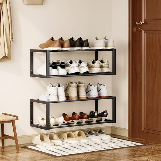 Homeiju Hanging Shoe Organizer,2 Pack Wall Mounted Shoe Rack Holds 12 Pairs,Space Saving Metal Wall Shoe Rack,Hanging Shoe Rack Shoe Holder for Small Space,Entryway,Closet,RV,Camper(Black