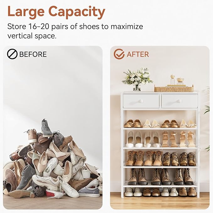 Shoe Rack for Entryway, 5 Tier Shoe Organizer with 2 Non-Woven Drawers, Metal Storage Shoe Shelf for 16-20 Pairs of Shoes, with Wooden Top and Steel Frame, Shoe Stand for Closet Greige