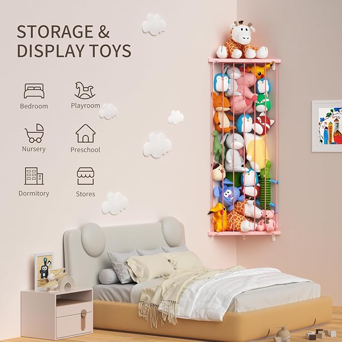 Stuffed Animal Storage Shelf Organizer(Patented) - Corner Stuffed Animal Holder Length Adjustable - Wall Plush Storage for Nursery Playroom Bedroom Kids Room (Pink, Extra Large)
