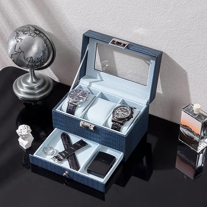ProCase Watch Box, 3 Slot Watches Display Case with Drawer, Mens Watch Case with Glass Lid, 2-Layer Mens Jewelry Organizer Storage Holder, Birthday Valentine Gifts for Men-3 Slot, CrocCobaltBlue