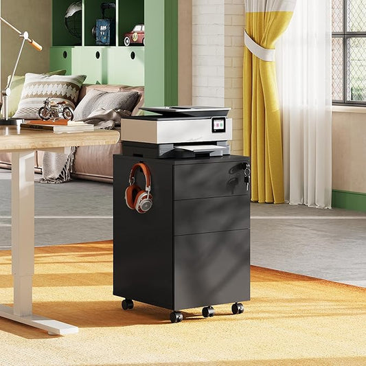DEVAISE File Cabinet 3-Drawer, Small Office Furniture with Lock, Rolling Under Desk Filing Cabinet for Home Office,Black