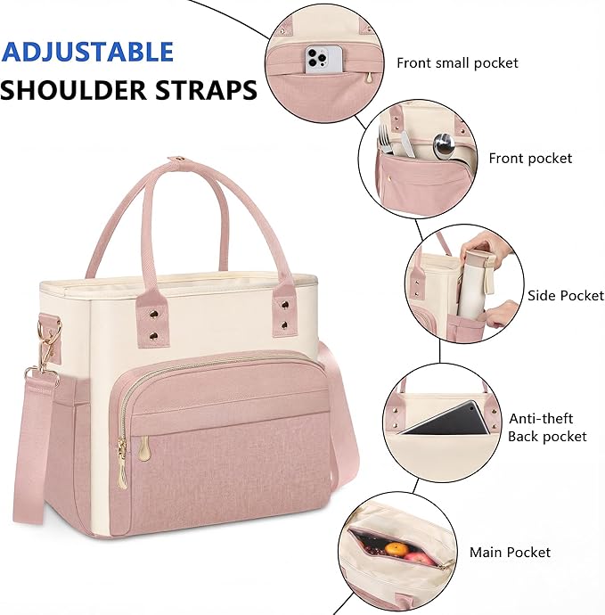MIYCOO Lunch Bag Lunch Box Women - Leakproof Insulated Lunch Cooler Bag for Women - Large Lunch Tote Bags Adults, Pink White