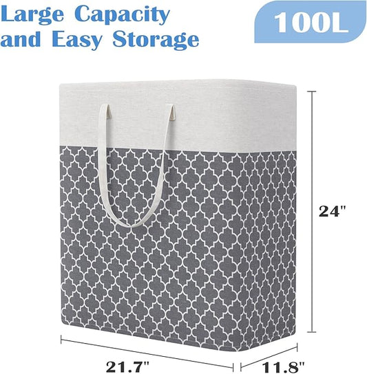 BlissTotes 3-Pack Laundry Basket, Freestanding&Waterproof Laundry Hamper, Collapsible Tall Clothes Hamper with Easy Carry Handles for Clothes, Towels in the Family and Dorm,Clover Grey,100L