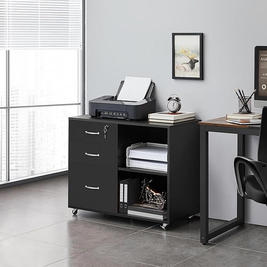 Yaheetech Black File Cabinet with Lock for Letter, A4 Size,3 Drawer Lateral Cabinet Printer Stand with Open Storage Compartments for Home Office, Black