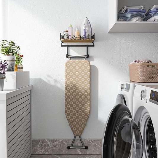 SRIWATANA Ironing Board Hanger Wall Mount, Laundry Room Iron and Ironing Board Holder, Laundry Room Organization and Storage with Large Storage Wood Base Basket (Carbonized Black)