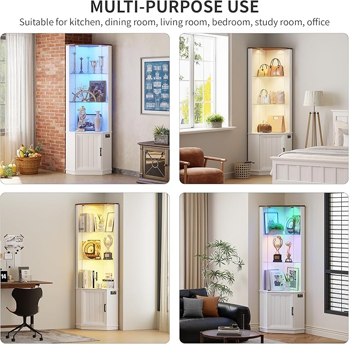 HNEBC 69" Tall Curio Display Cabinet with Glass Door and Movable Shelves,Corner Bookcase with LED Human Sensor Lights,5-Tier RGB Display Case for Collectibles,Bedroom Living Room