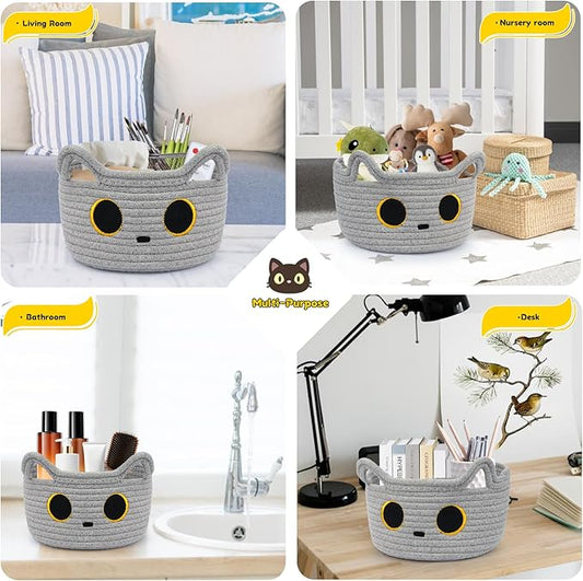 Small Storage Basket, Cat Basket Woven Cotton Rope Basket for Nursery, Baby Blanket Organizer with Handles for Toys,Towels,Clothes, Baby Storage for Gifts Cat Dog Bin Toys 8.5×4.5 inches,Grey