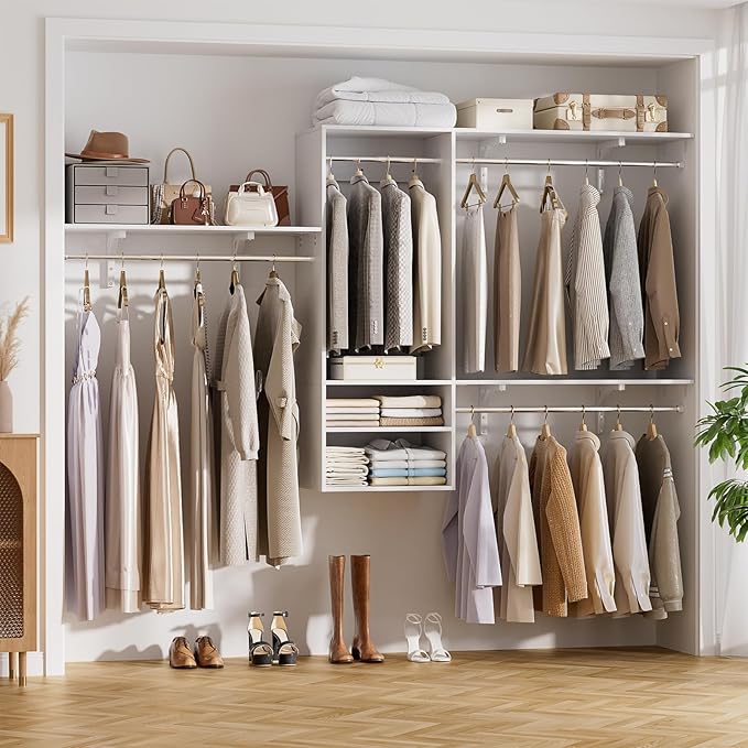 Cyclysio 96 Inch Closet System, 8 FT Hanging Closet Organizer System, Walk in Closet System with 4 Adjustable Rods and 3 Shelving Towers for 4-8FT Spaces(Cut-to-Fit), White