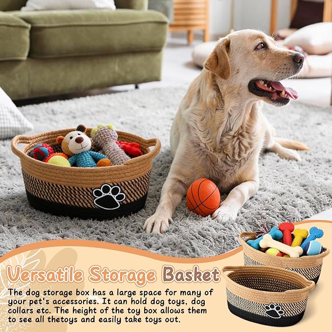 2 Pcs Dog Toy Basket Gift Baskets for Organizing Woven Organizers Cat Toy Bin Cute Dog Paw Rope Storage Organizer with Handle, Cat Holder Container 11.8 x 7.8 x 5.1 Inch