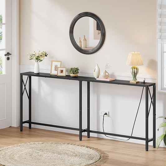 Console Table Narrow Long, Behind Couch Table with Oulets & USB Ports, Industrial Long Skinny Stand for Entryway,Hallway, Living Room, Bedroom Black, 7.9" D x 70" W x 30.3" H