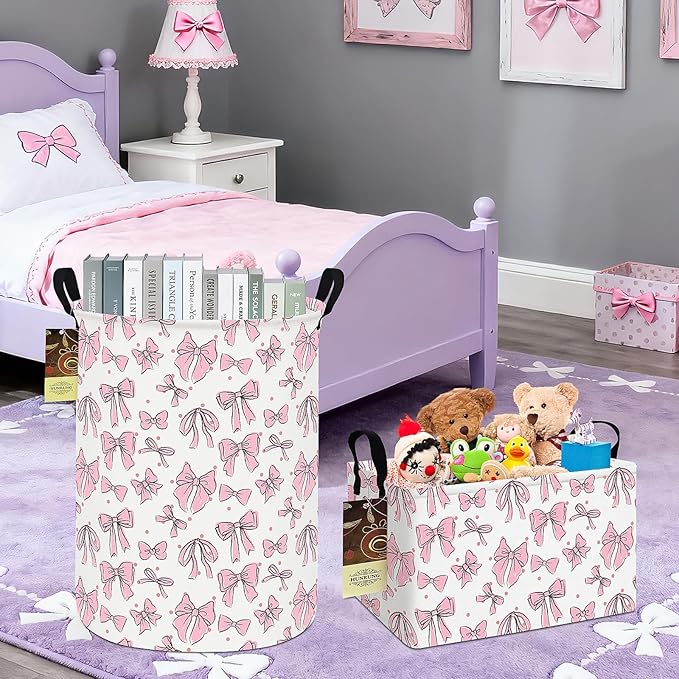 HUNRUNG Laundry Hamper,Large Canvas Fabric Lightweight Storage Basket Toy Organizer Dirty Clothes Collapsible Waterproof for College Dorms(Round-Pink Bow)