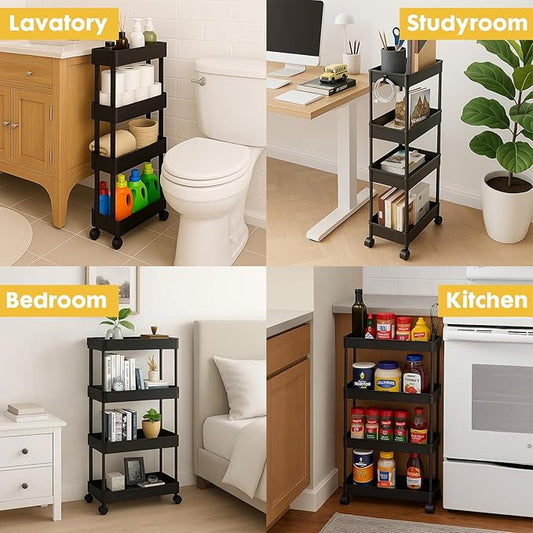 ShellKingdom 4 Tier Bathroom Storage Organizer, Slim Rolling Storage Cart for Narrow Space, Mobile Shelving Unit with Lockable Wheels and Hooks for Bathroom, Kitchen, Laundry Movable Shelf (Black)