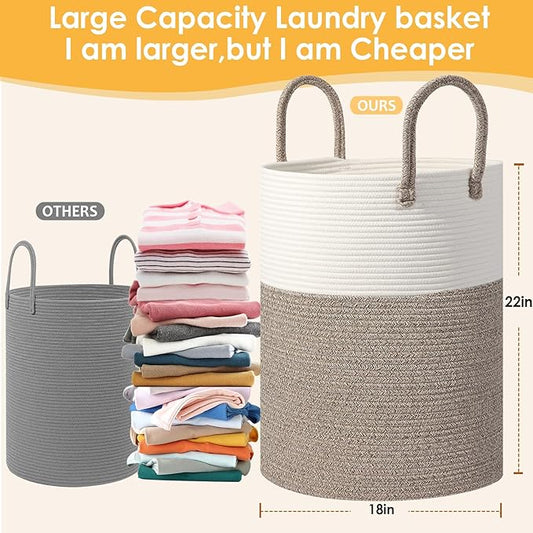 Large Woven Laundry Basket Hamper,100L Cotton Rope Storage Bin for Blankets,Toys and Clothes,Decorative Tall Blanket Basket for Living Room,Baby Nursery Hamper,Baby Storage Basket,Brown/White