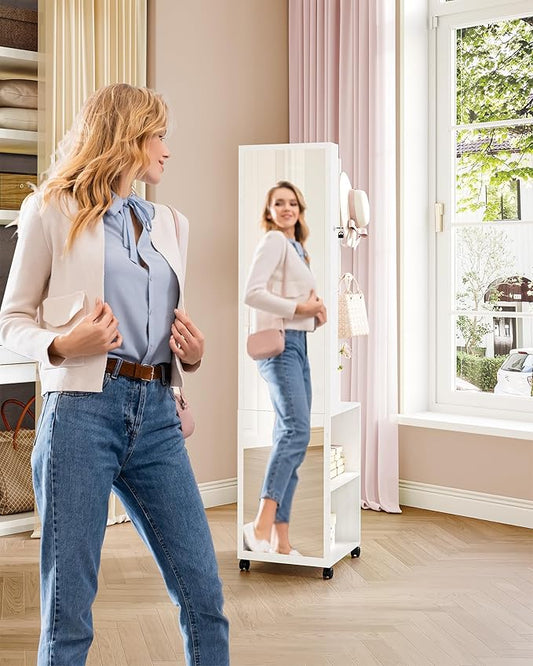 8 LEDs Jewelry Cabinet Armoire, 66.9-inch Jewelry Organizer with Garment Rack, Lockable Full-length Mirror with 4 Wheels, Storage Shelves with Hooks, 5-in-1, White and Beige JC17003BE