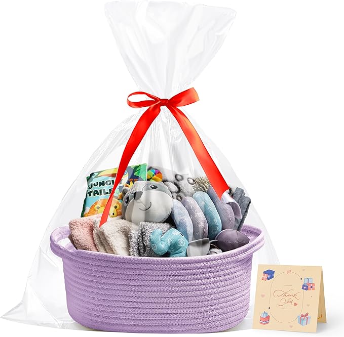Small Woven Purple Gifts Basket for Storage Empty with Ribbons and Bags Durable Cute Gifts 12"X 8" X 5" Small Rope Basket for Gifting