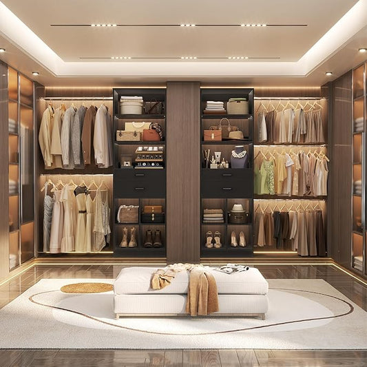 Closet System, 4-8 FT Closet Organizer Systems with 2 Wooden Drawers and 5 Hanging Rods, Can Fit 60 to 96 inch Walk-in Closet System, Black