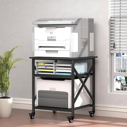 Printer Stand, 23.6 x 23.6 Inches Large Printer Stand with Adjustable Storage Shelf, 3 Tier Printer Table for Home Office, Rolling Printer Cart with Industrial Wheels, Mini Fridge Stand Table, Black