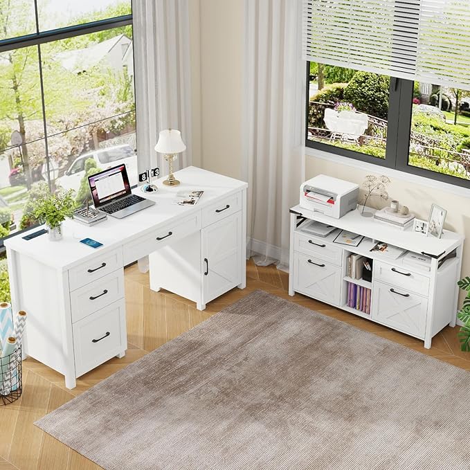 Farmhouse Filing Cabinet with Adjustable Shelf for Home Office, Lateral File Cabinets 4 Drawers with Open Storage Shelf, Filing Organization Storage Cabinets for Hanging Files Letter/A4.(White)