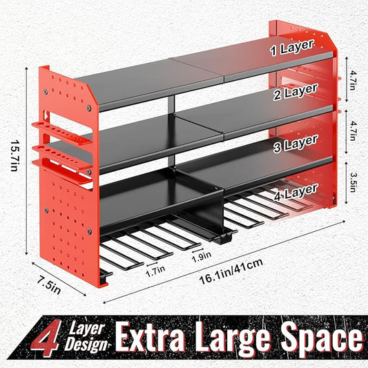 Power Tool Organizer Wall Mount, Metal Power Tool Storage Rack with Screwdriver Holder, Garage Tool Storage Shelves with Screwdriver Holder Plier Holder (Red, 8 Drills Holder)