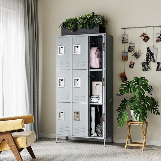 Letaya Metal Lockers for Employees-9 Door Storage Locker with Shelves and Lockable Steel Cabinet for School,Gym,Office,Staff (Gray, 9 Door)