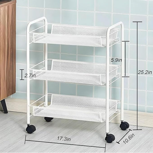White Rolling Cart 3-Tier, Mobile Snack Cart for Living Room & Kitchen - Holds Beverages, Fruit, Books, with 360° Wheels & Hooks