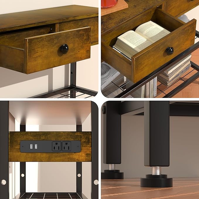 GRLEAF 32" Console Table with Outlets & USB Ports – Narrow Entryway Table with 2 Drawers and Storage Shelves, Power Strip Sofa Table for Living Room, Hallway, Kitchen, Foyer – Rustic Brown Wood Finish