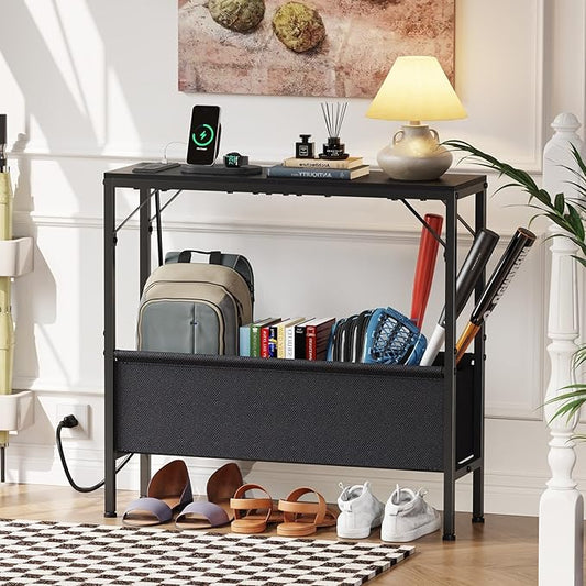 31.5" Console Table, 9.5" D Entryway Table with Power Outlets & USB Ports & Fabric Basket, Narrow Sofa Table for Hallway, Foyer, Living Room, Black