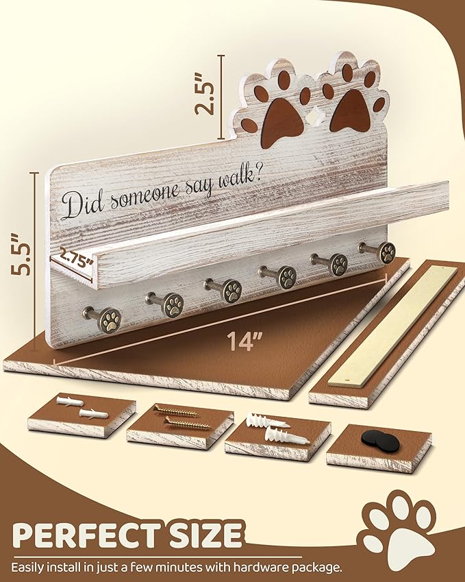 MTERSN Farmhouse Dog Leash Holder for Wall - Dog Stuff Organizer and Key Holder Wall Mount with a Floating Shelf & 6 Hooks for Home Decor - Perfect Gifts for Dogs Lovers (White)