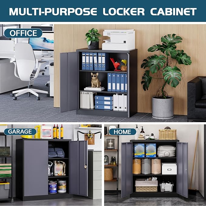 MIIIKO Metal Storage Cabinet, Base Cabinets 2 Door, Steel Storage Cabinets with Locking Doors and Shelves for Garage, Kithen, Home Office and Classroom