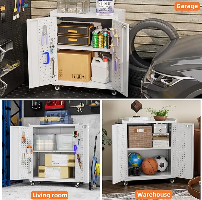 Aobabo 31.5' H Metal Rolling Storage Cabinet, Locking Steel Storage Cabinet on Wheels with Pegboards and 4 Hooks, for Office, School, Home, Library, White, Assembly Required