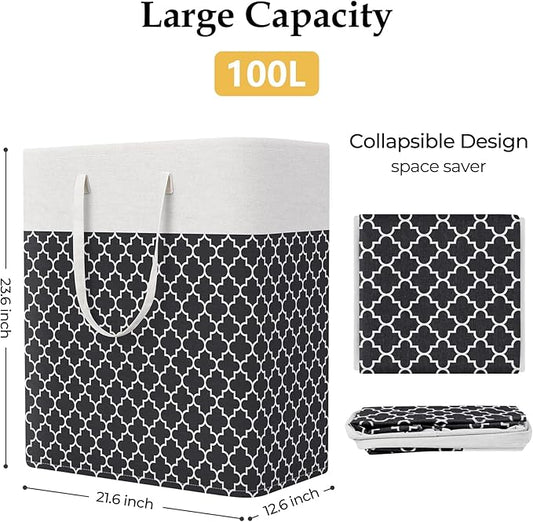 StorageRight Laundry Basket Hamper Large Collapsible Laundry Hamper with Easy Carry Handles,Freestanding Clothes Hampers for Laundry, Bedroom, Dorm, Clothes, Towels, 100L, Clover Black