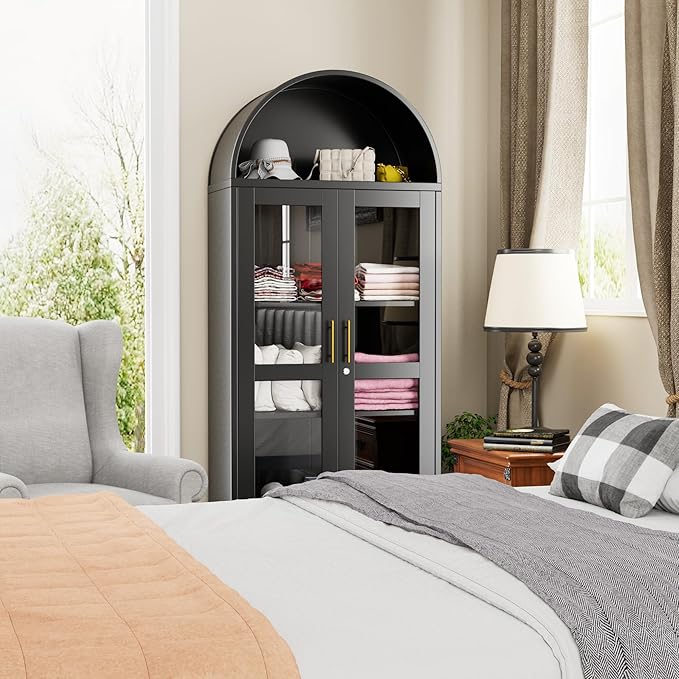 73'' H Metal Arched Display Cabinet with Glass Door,Locking Kitchen Pantry Cabinet with Lockable Door and 2 Adjustable Shelves for Home Office, Assembly Required, Black