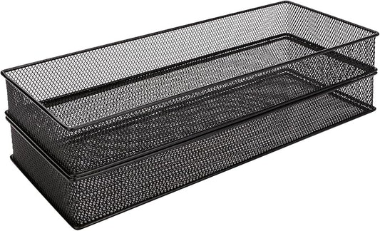 Annova Mesh Stackable Drawer Cabinet and Shelf Organizer Bins Storage Basket School Office Supply Holder Tray- Set of 2 (Black, 6x15x2 Inch)