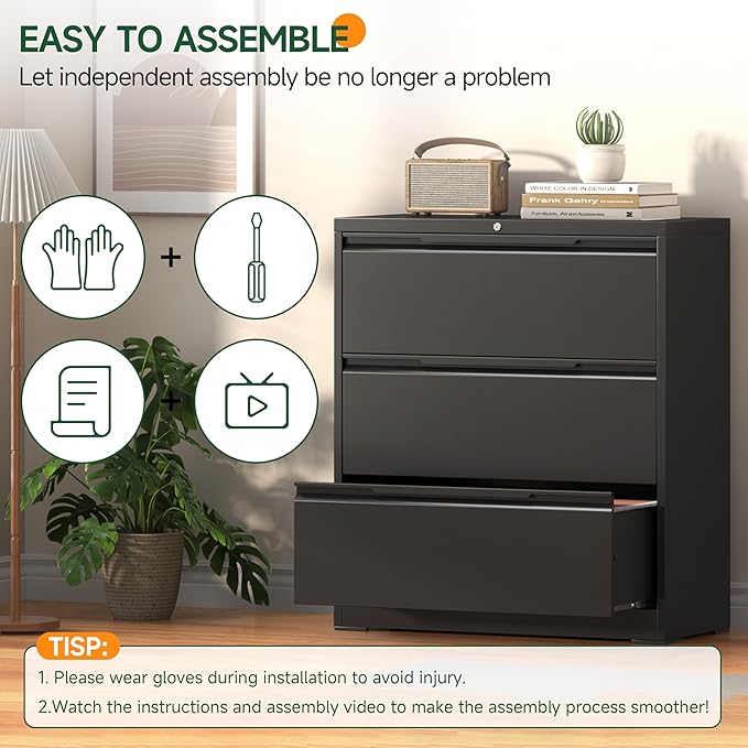 Lateral File Cabinet, 3 Drawer Lateral File Cabinet with Lock, Metal Filing Cabinets for Home Office, Black Wide Deep Drawer for Hanging Files Letter/Legal/A4/F4 Size, Printer Stand, Assembly Required