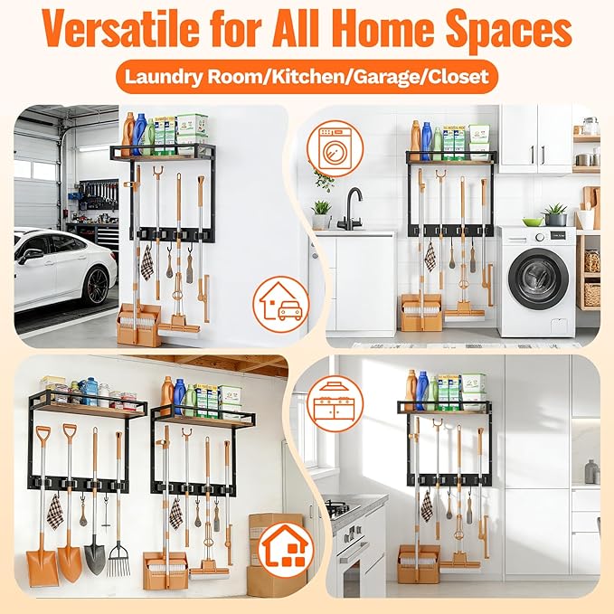 Broom Holder Wall Mount with Shelf Load 66LBS Broom and Mop Organizer Wall Hanging Broom Hanger with 4 Mop Hanger Grippers, 3 Hooks for Laundry Room, Garage, Utility Closet, Kitchen, 2 Packs