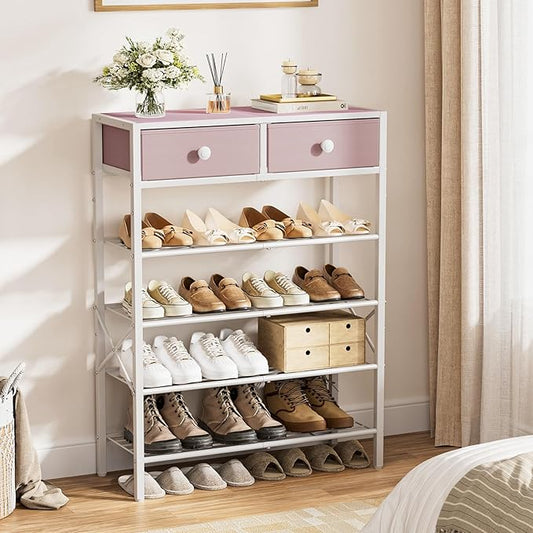 Shoe Rack for Entryway, 5 Tier Shoe Organizer with 2 Non-Woven Drawers, Metal Storage Shoe Shelf for 16-20 Pairs of Shoes, with Wooden Top and Steel Frame, Shoe Stand for Closet Pink