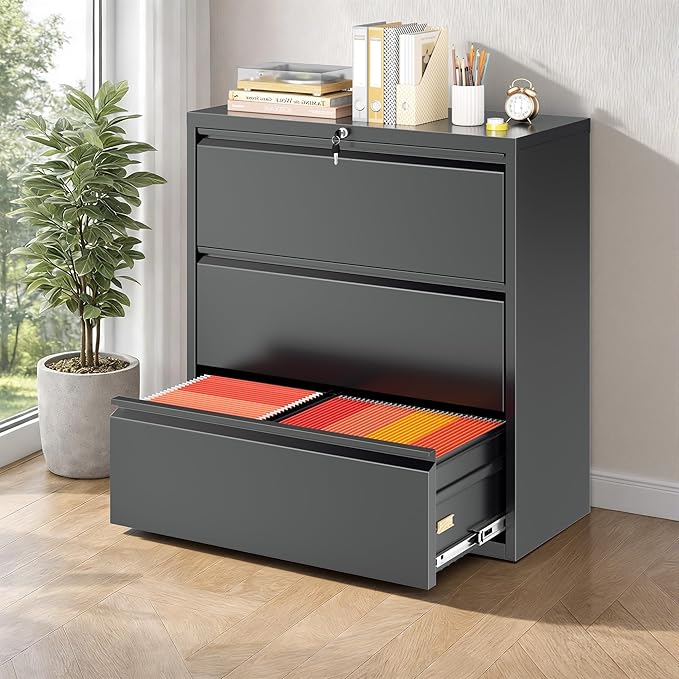 Bonusall File Cabinet, Lateral Filing Cabinet, 3 Drawer Metal File Cabinet with Lock, Lockable Filing Cabinet for Home Office, Hanging Files Letter/Legal/A4/F4 - Black
