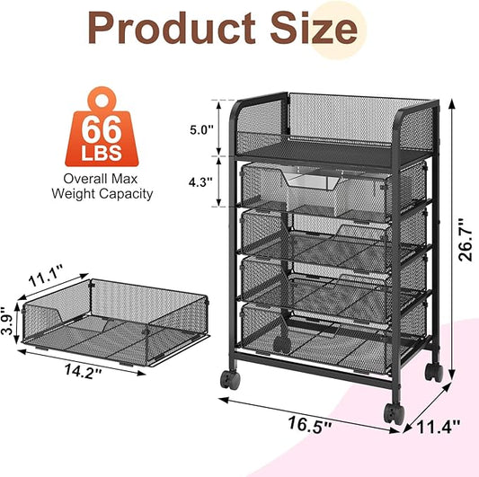 Makeup Cart Organizer with 4 Drawers, Vanity Storage Organizer, Large Floor Skincare Organizers Cosmetics Display Cases for Skin Care Perfume Nail Polish, Black